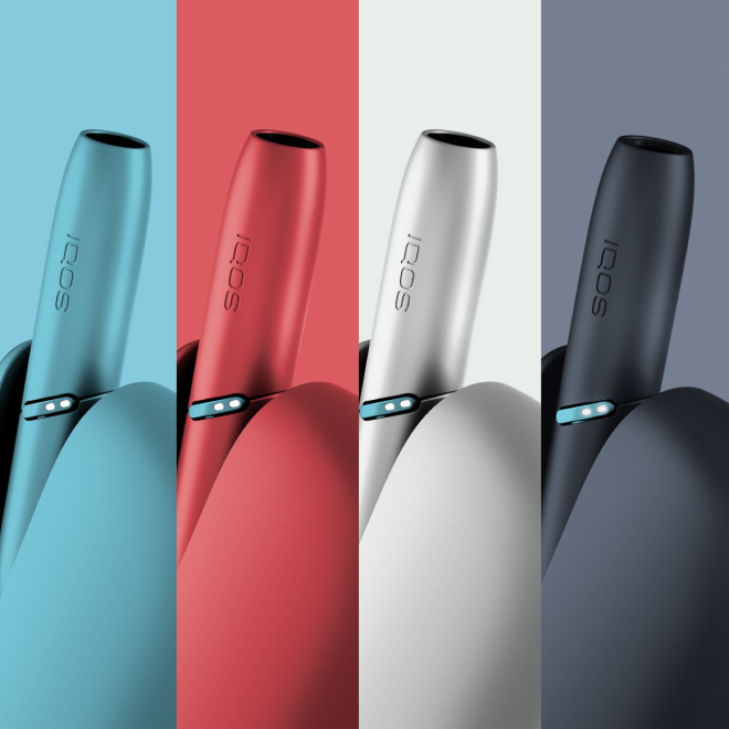 IQOS Originals Duo heated tobacco device in 4 vibrant colors: turquoise, scarlet, silver and slate.