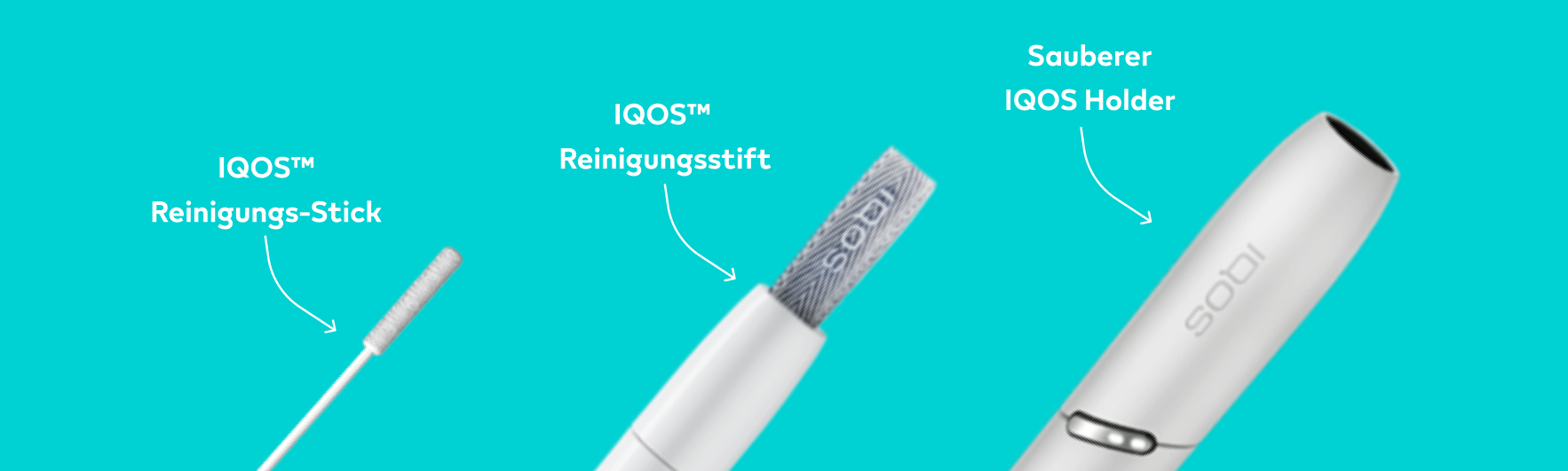 Ein Reinigungs-Stick, ein Reinigungsstift und ein IQOS Holder nebeneinander.