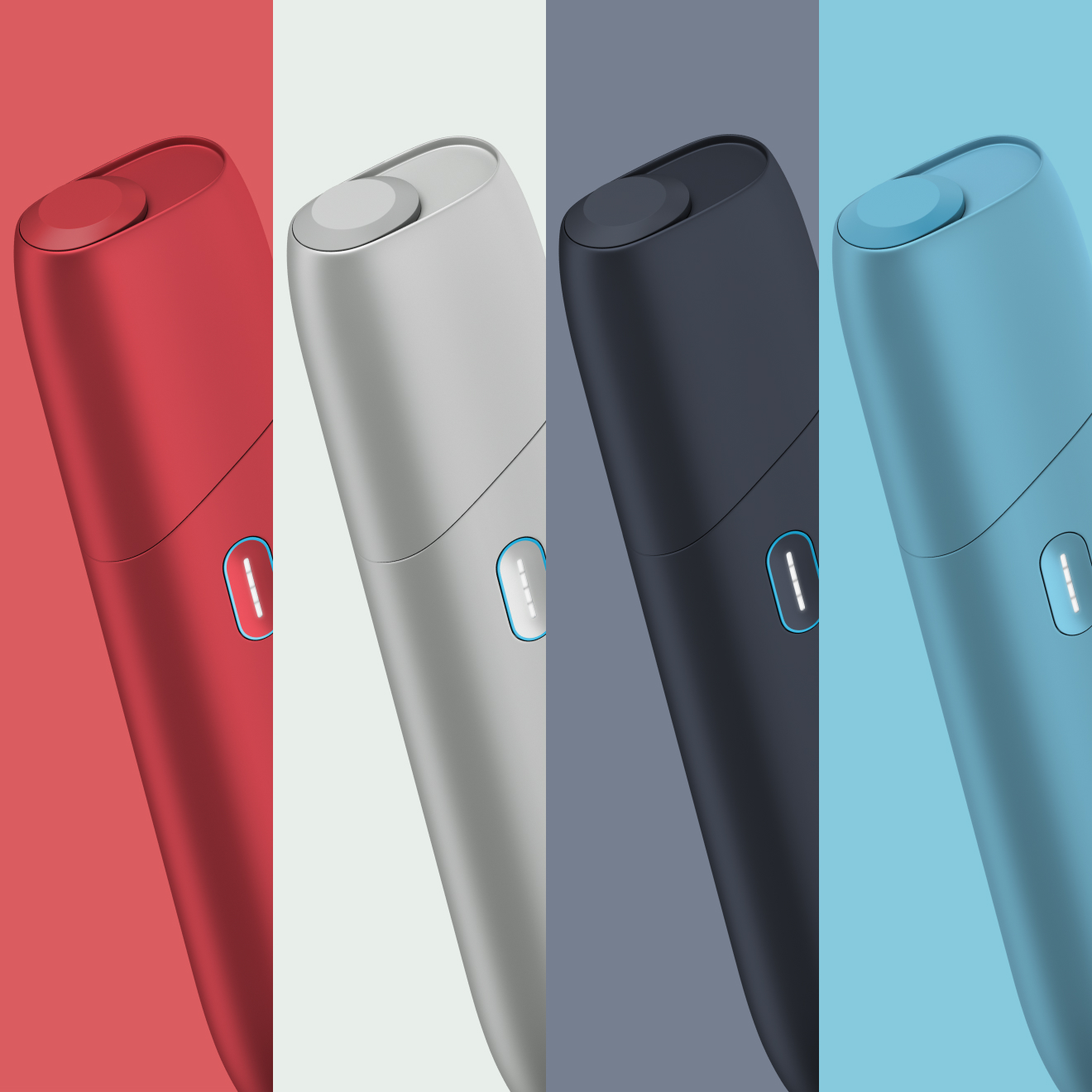Der neue IQOS ORIGINALS ONE Tabakerhitzer in 4 lebendigen Farben: Turquoise, Scarlet, Silver und Slate. 