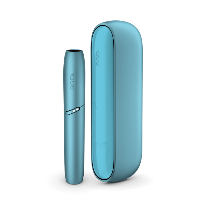 IQOS ORIGINALS heated tobacco Holder and Pocket Charger in turquoise color.
